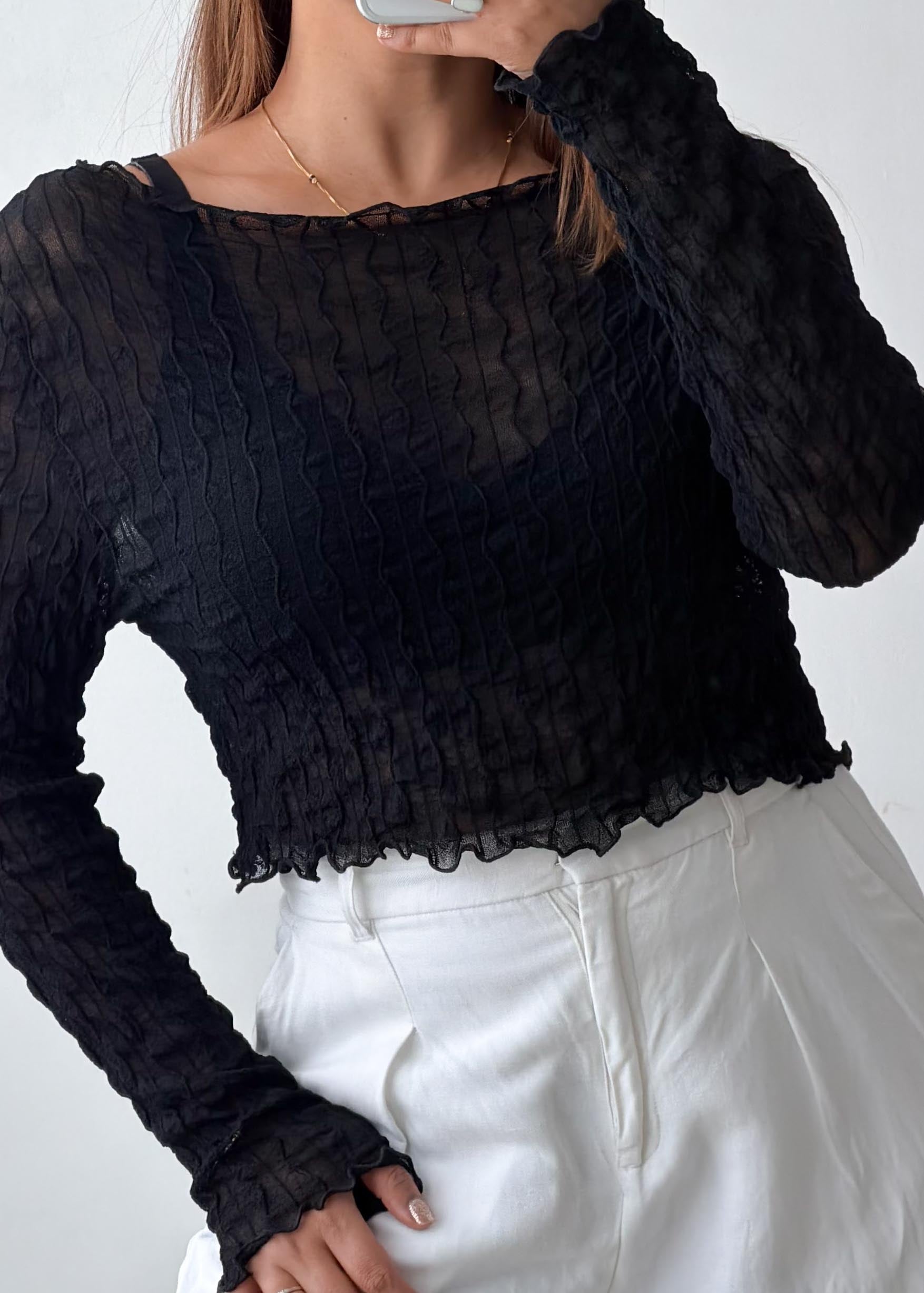 Size M-L Black Textured Mesh Top