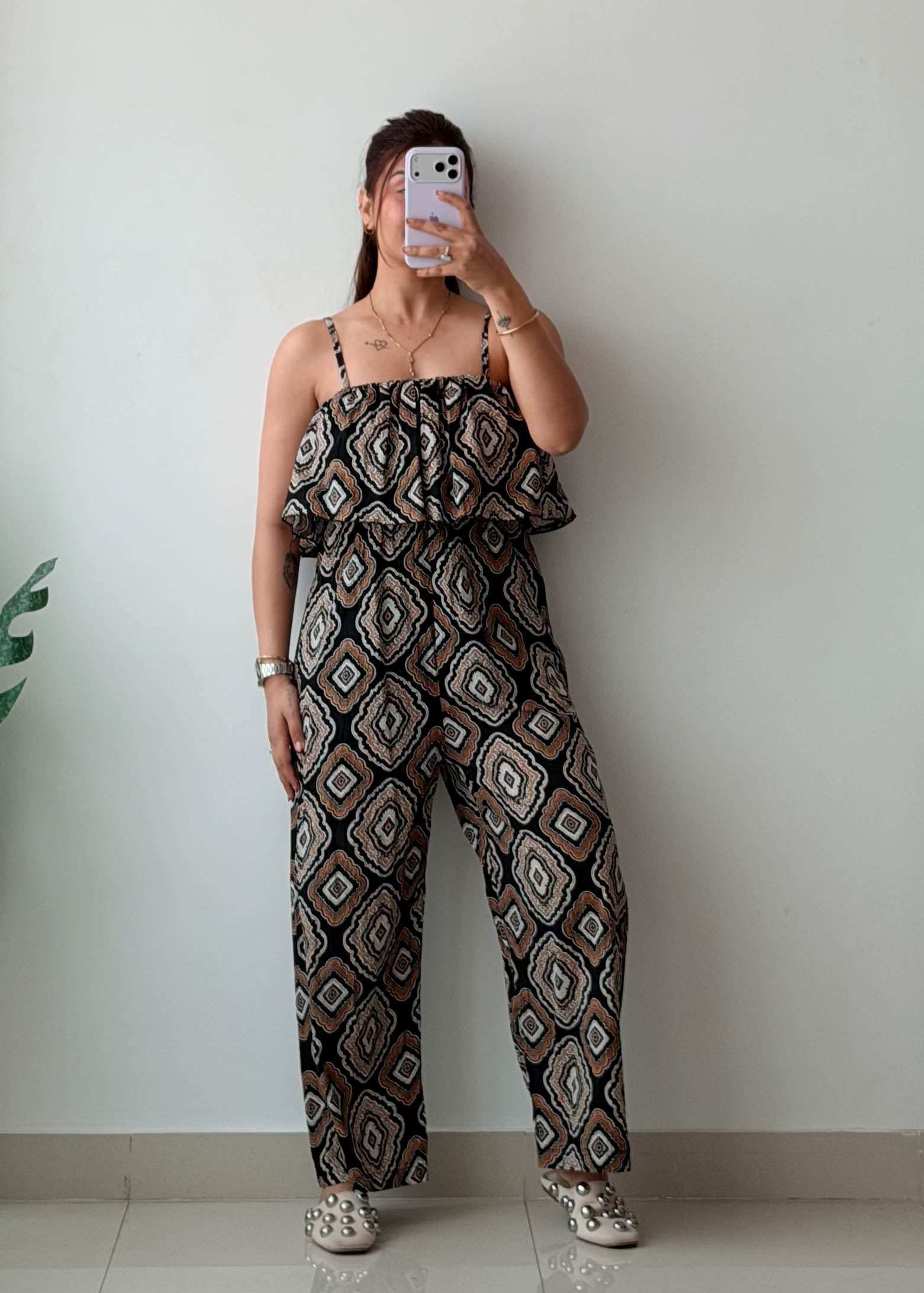 Size S-M Geometric Print Wide-Leg Jumpsuit