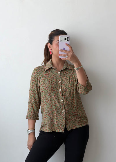 XS-S Green Micro Floral Viscose Crepe Shirt