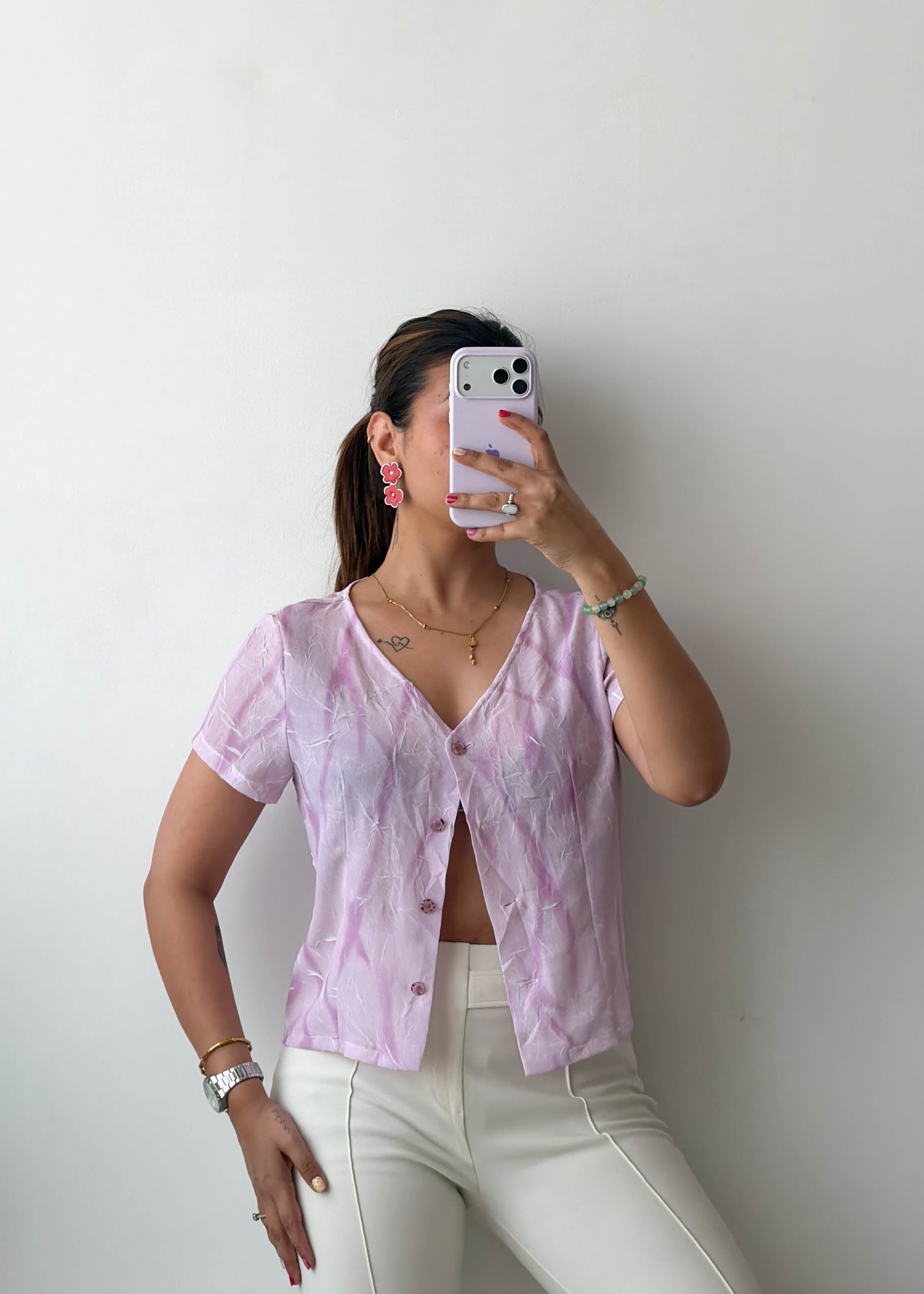 XS-S Lilac Textured Button Viscose Crepe Front Top