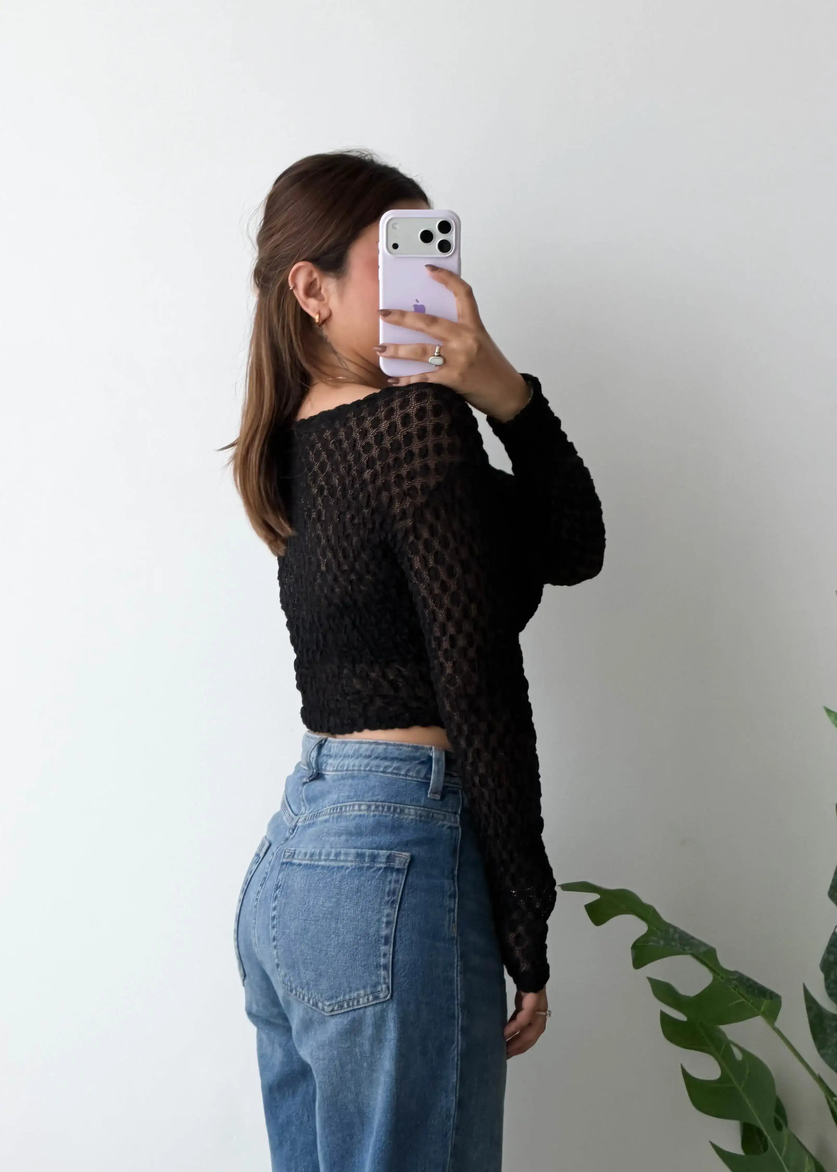 SIZE XS-S, Black Textured Crop Mesh Top