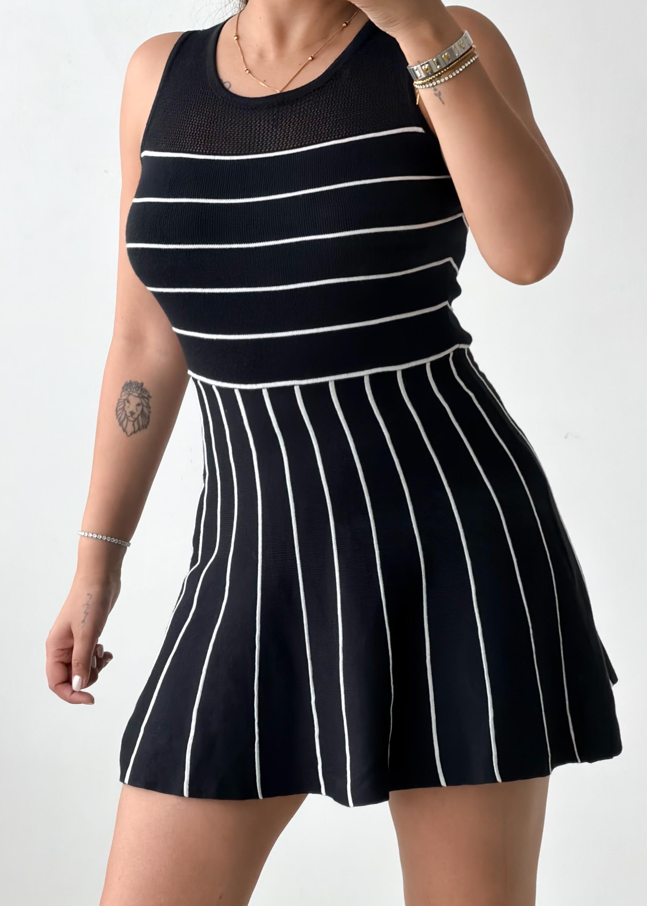 Size XS-S Black & White Striped Knit Skater Mini Dress