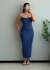 SIZE S-M, Navy Contrast Strap Ribbed Midi Dress - Closet by Payal