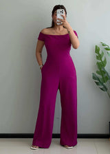SIZE M-L, Magenta Off-Shoulder Wide-Leg Jumpsuit - Closet by Payal