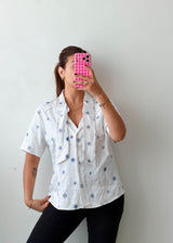 Size L White Blue Embroidered Shirt Top