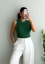 Size M-L, Green Ribbed High Neck Sleeveless Top - Closet by Payal