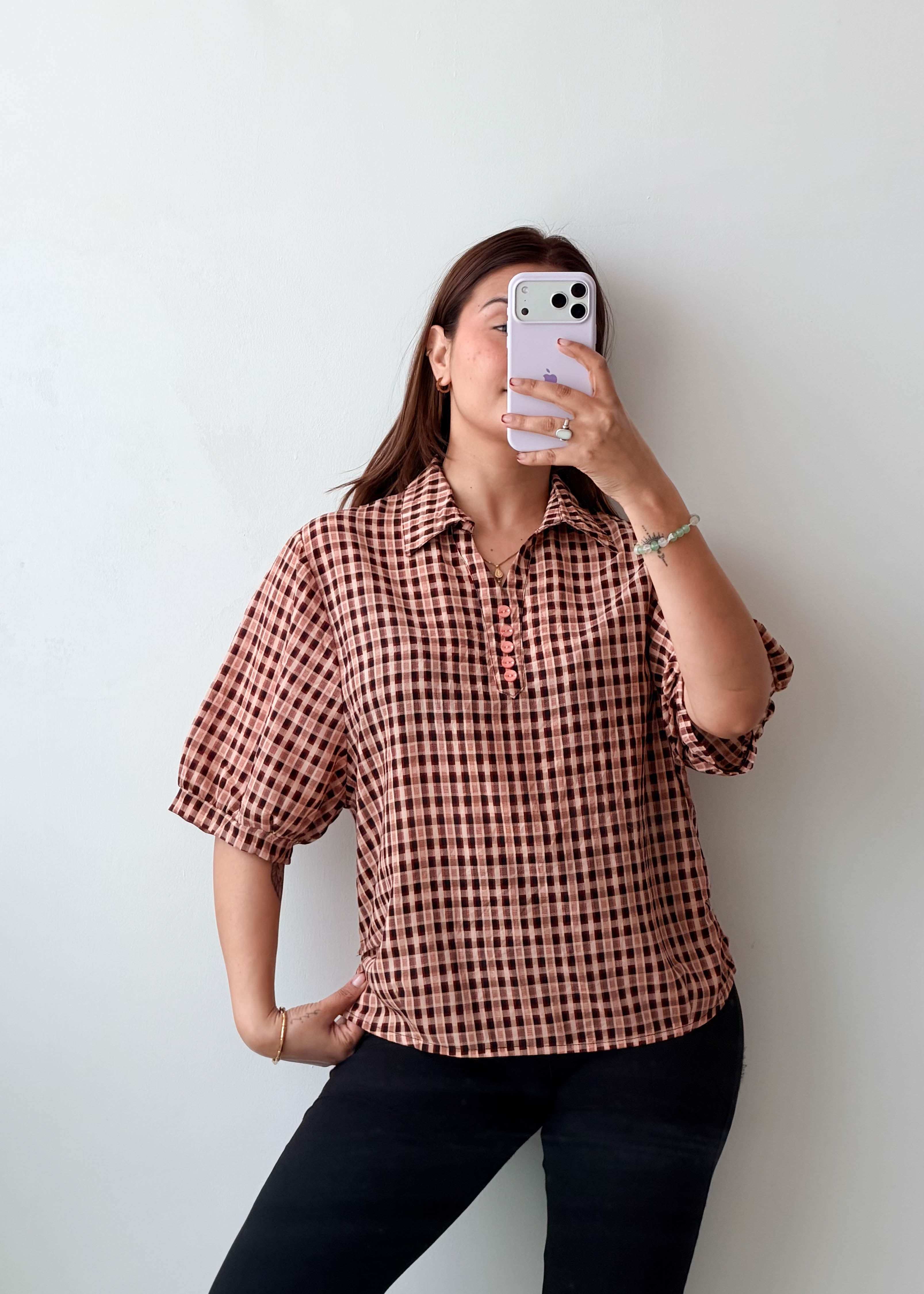 M-L Brown Checkered Oversized Shirt