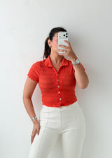 Size XS-S Coral Smocked Collared Top