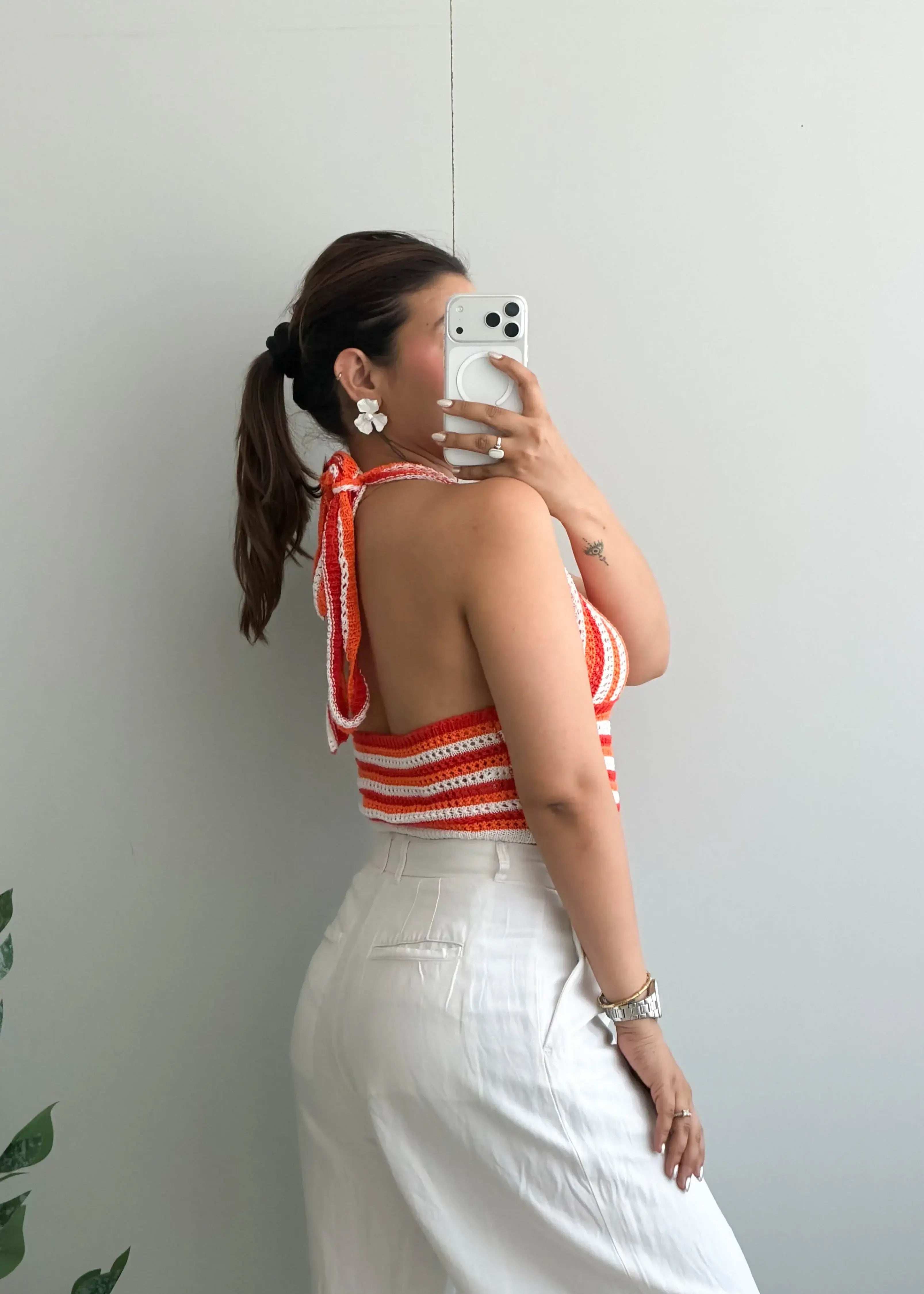 Size L-XL, Orange Striped Halter Crop Top - Closet by Payal