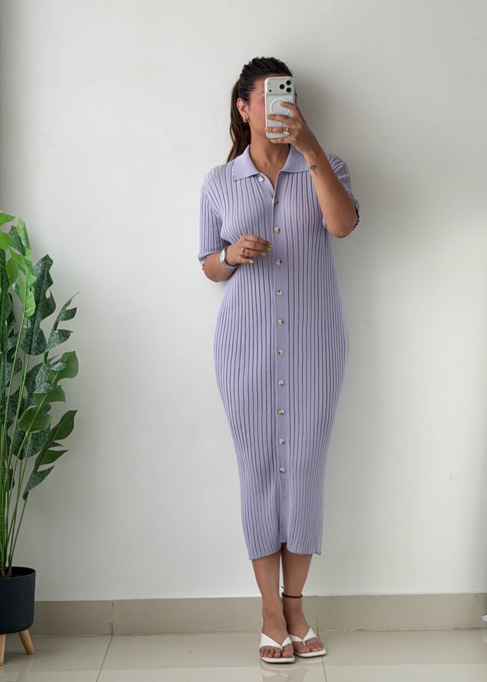 Size L-XL Lilac Ribbed Polo Midi Dress