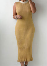 M-L Mustard Ribbed Knit Maxi Dress