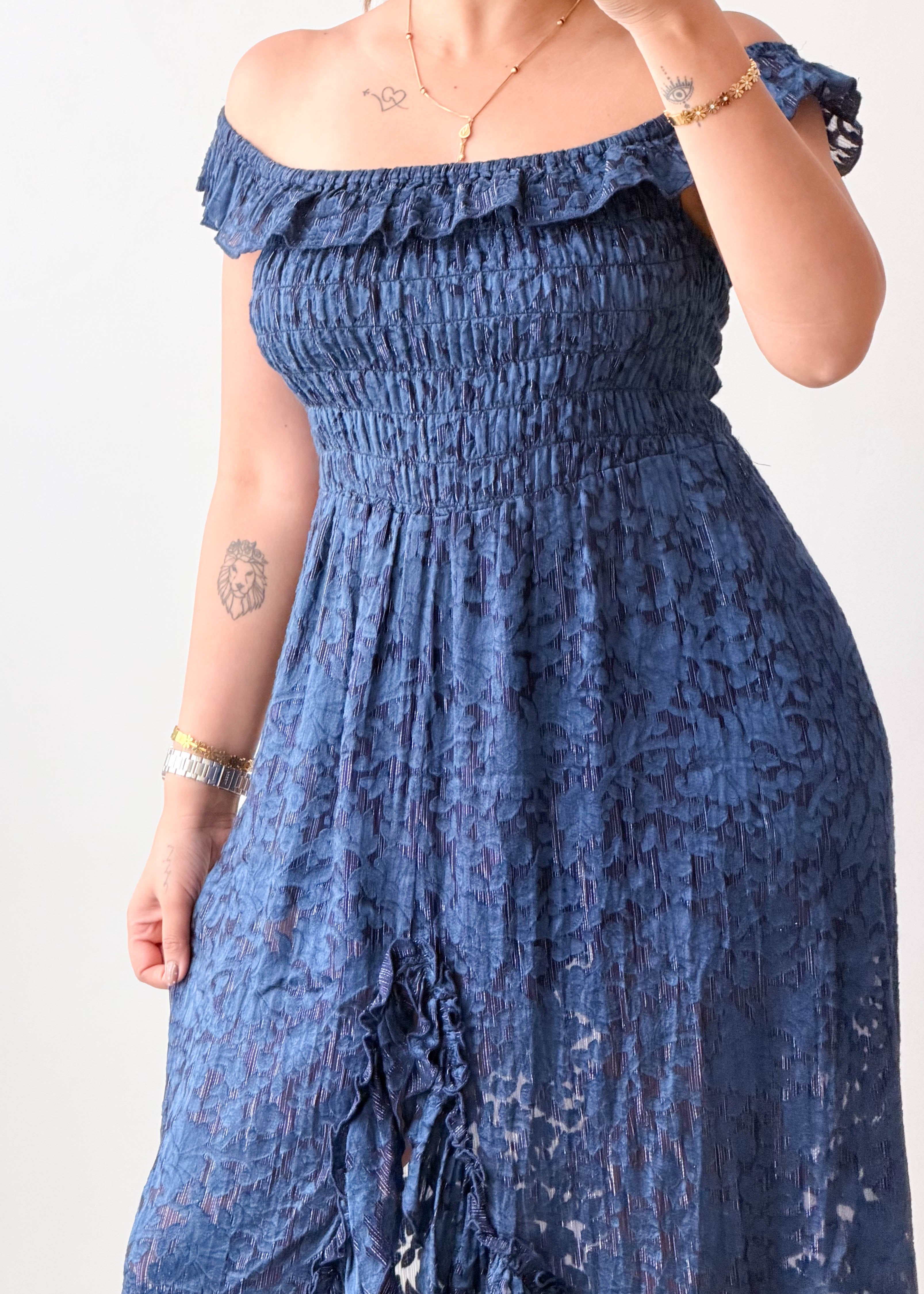 Size XS-S Navy Off-Shoulder High-Low Maxi Dress