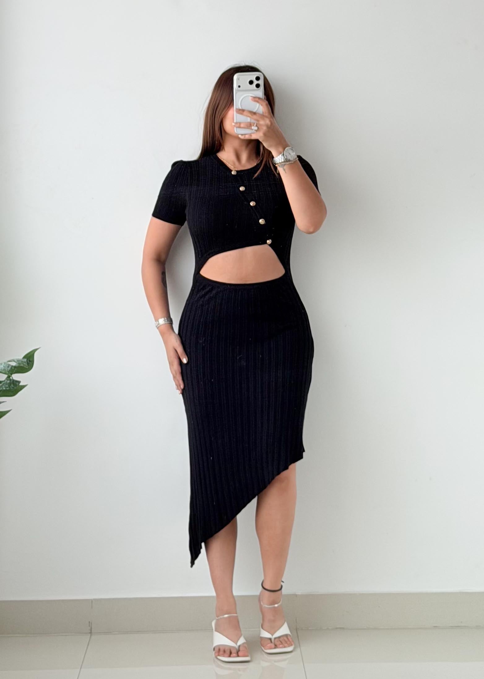 Size S-M Black Cut-Out Ribbed Knit Midi Dress
