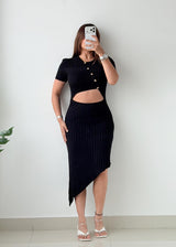 Size S-M Black Cut-Out Ribbed Knit Midi Dress