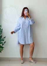 Size M-L Cotton Blue Striped Shirt Dress