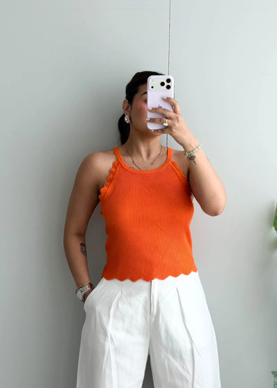 Size M-L, Orange Scallop Hem Sleeveless Top - Closet by Payal
