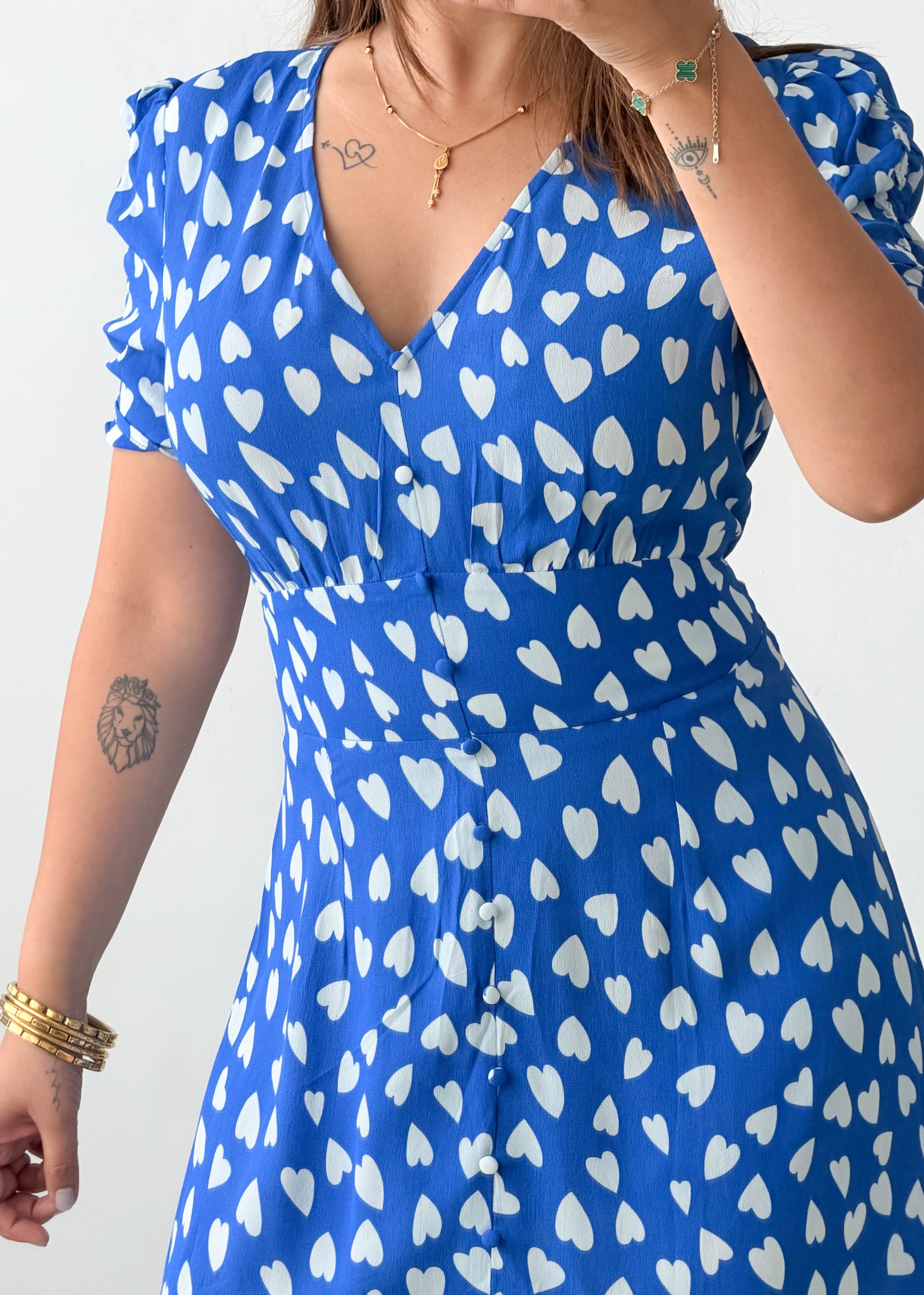 Size M-L Blue Heart Print Midi Dress