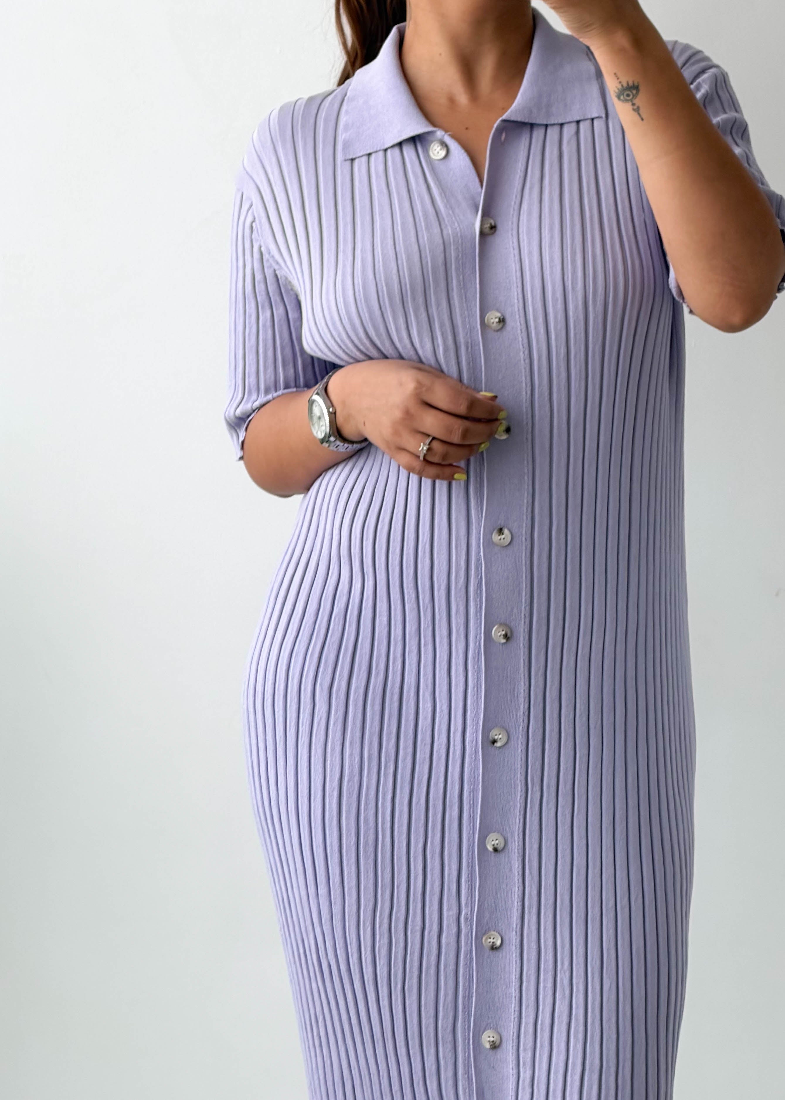 Size L-XL Lilac Ribbed Polo Midi Dress
