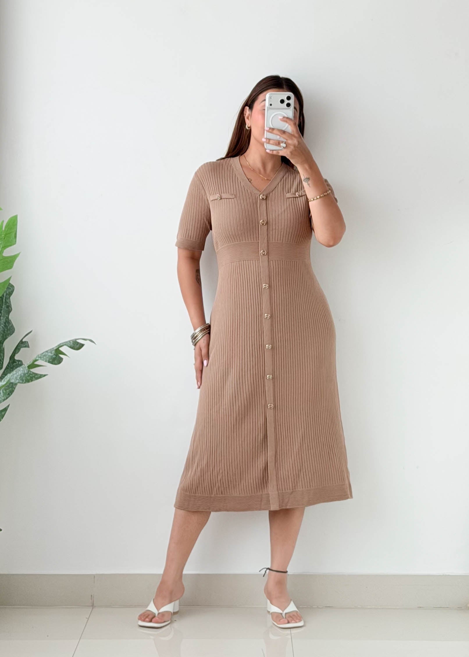 Size L-XL Beige Ribbed Button Knit Midi Dress