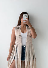 Free Size Beige Fringe Crochet Vest Top