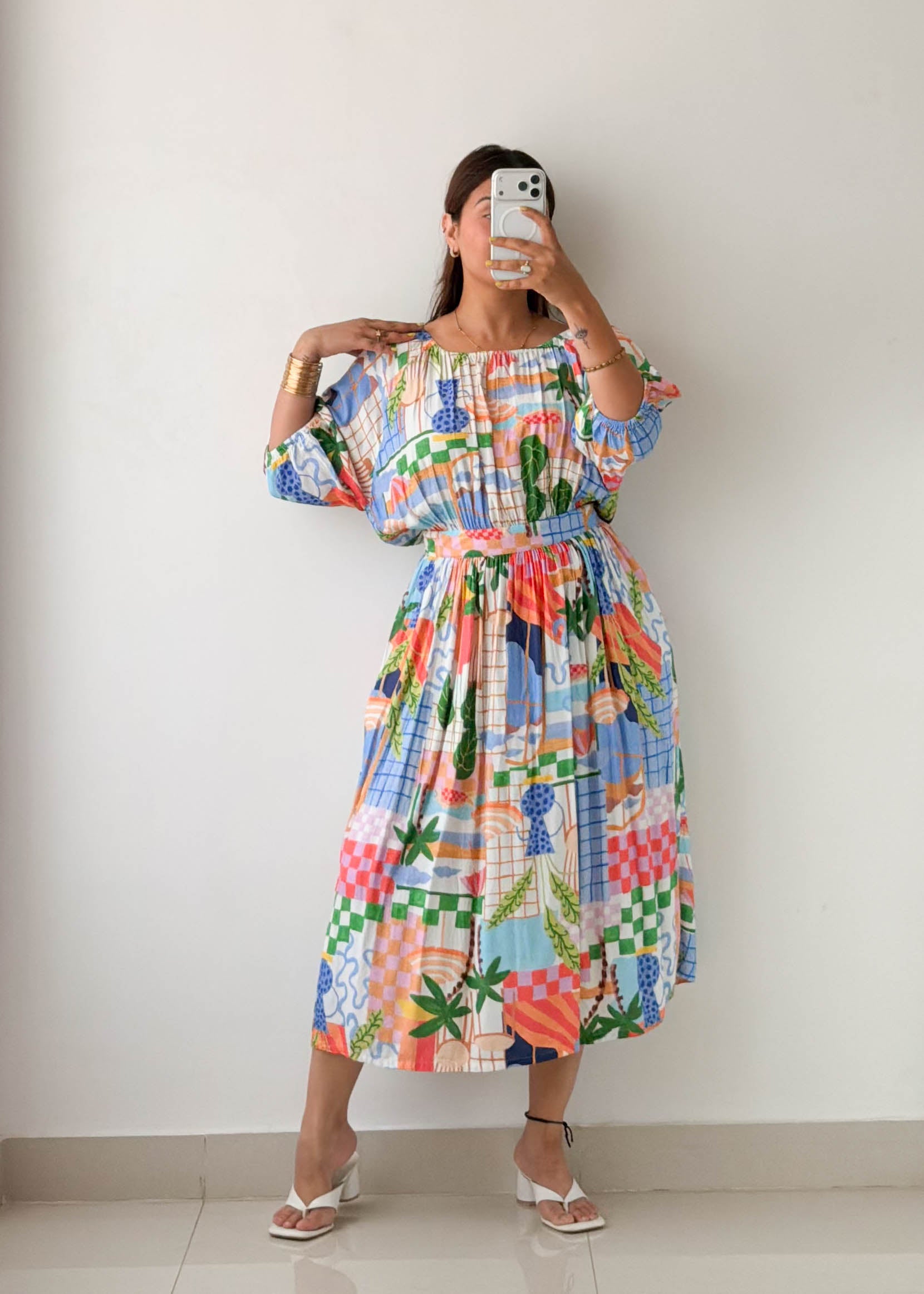 Size L-XL Multicolor Printed Midi Dress