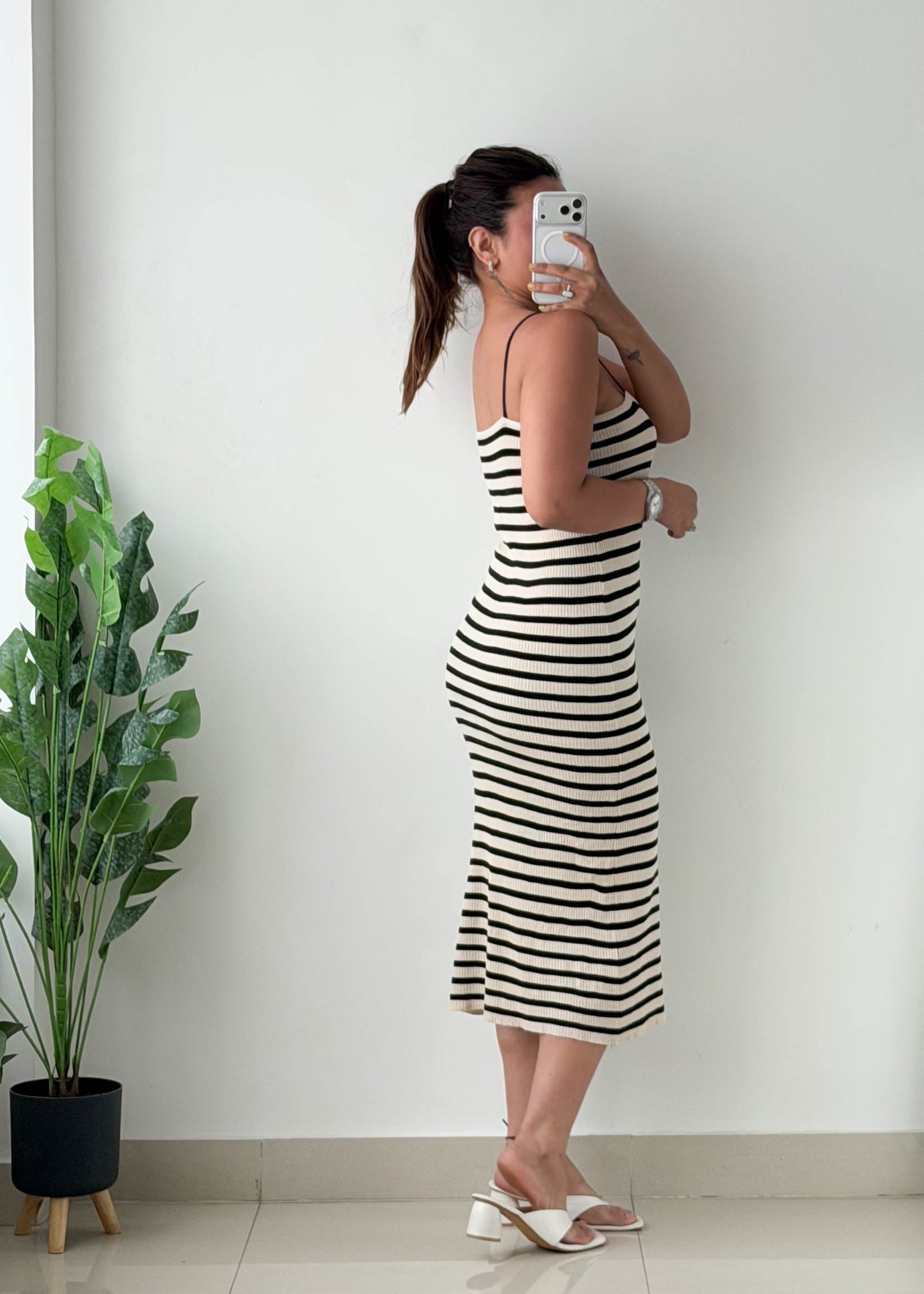 Size S-M Black & White Striped Bodycon Maxi Dress