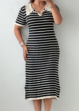 Size L-XL Black & White Striped Collared Knit Maxi Dress