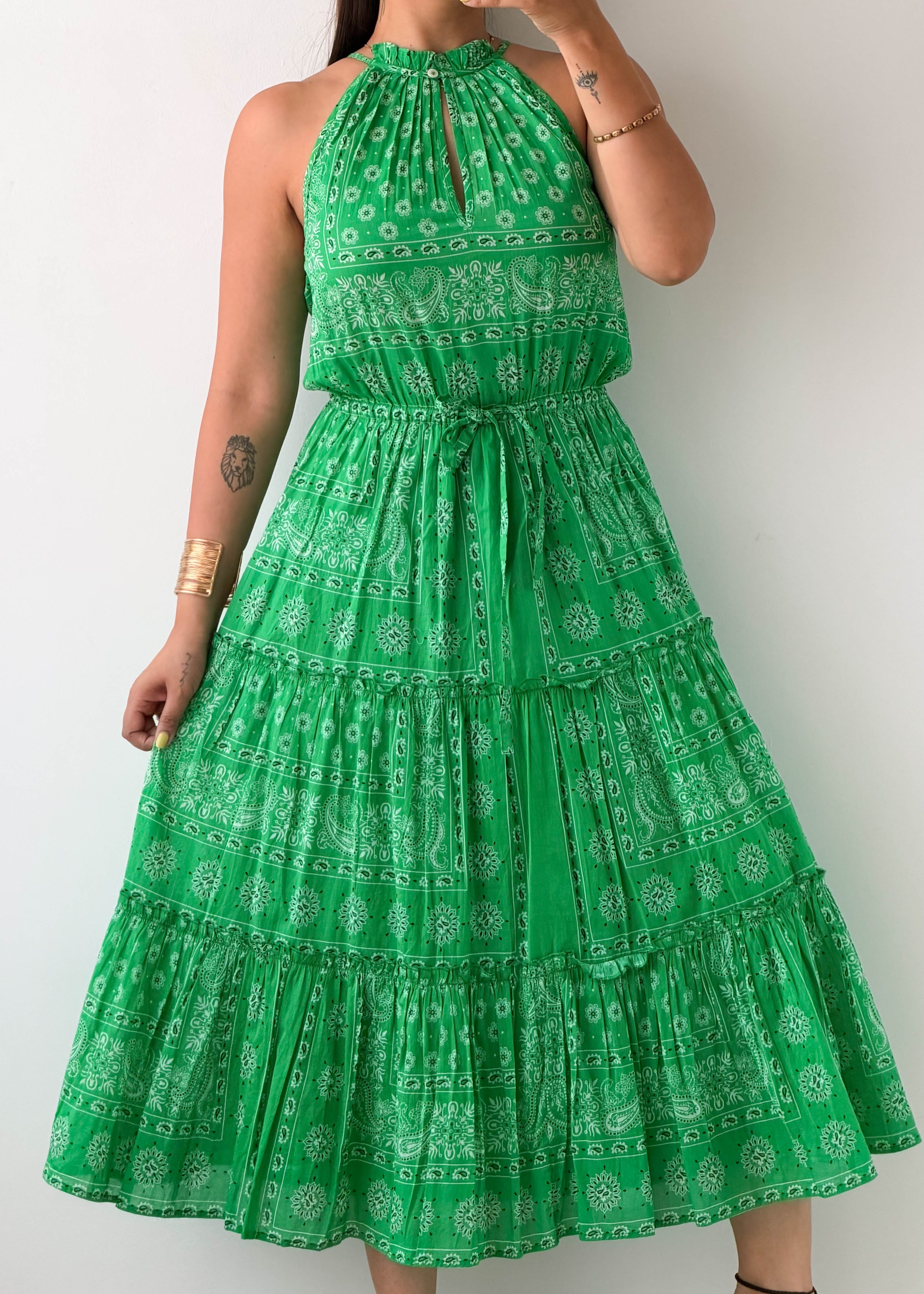 Size S-M Green Printed Tiered Maxi Dress
