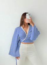 Size M-L Blue Printed Wrap Crop Blouse