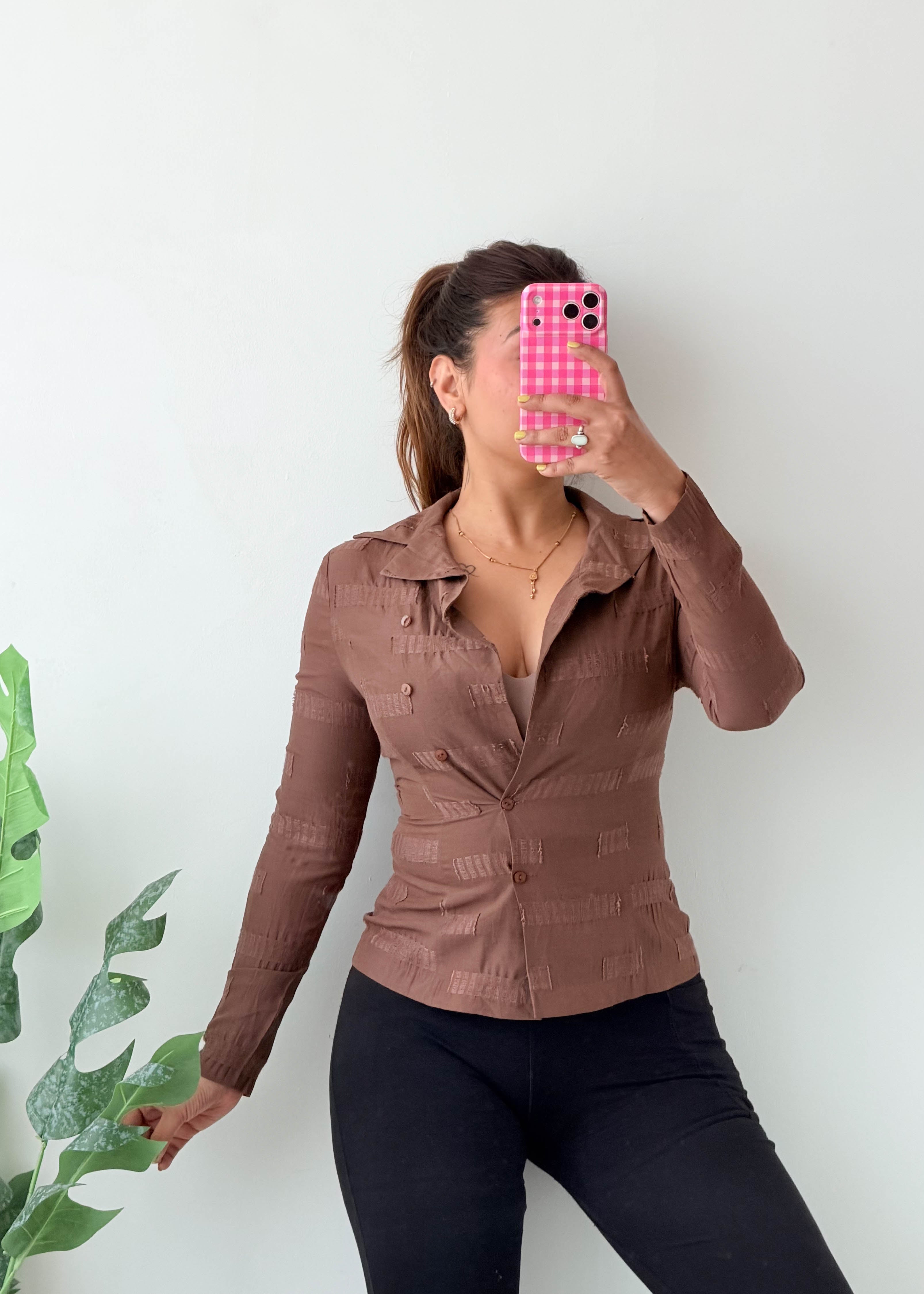 Size XS Brown Textured Fitted Shirt