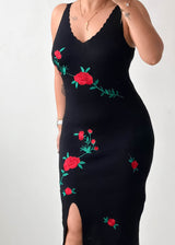 Size S-M Black Floral Embroidered Knit Midi Dress