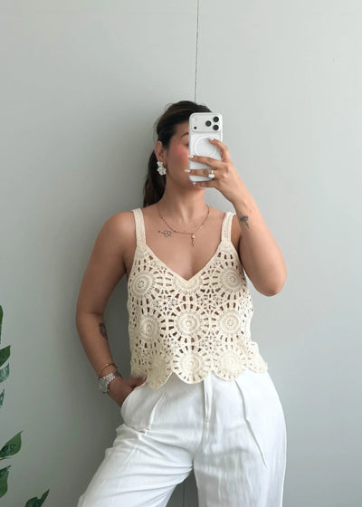 Size S-M, Cream Crochet Floral Tank Top - Closet by Payal