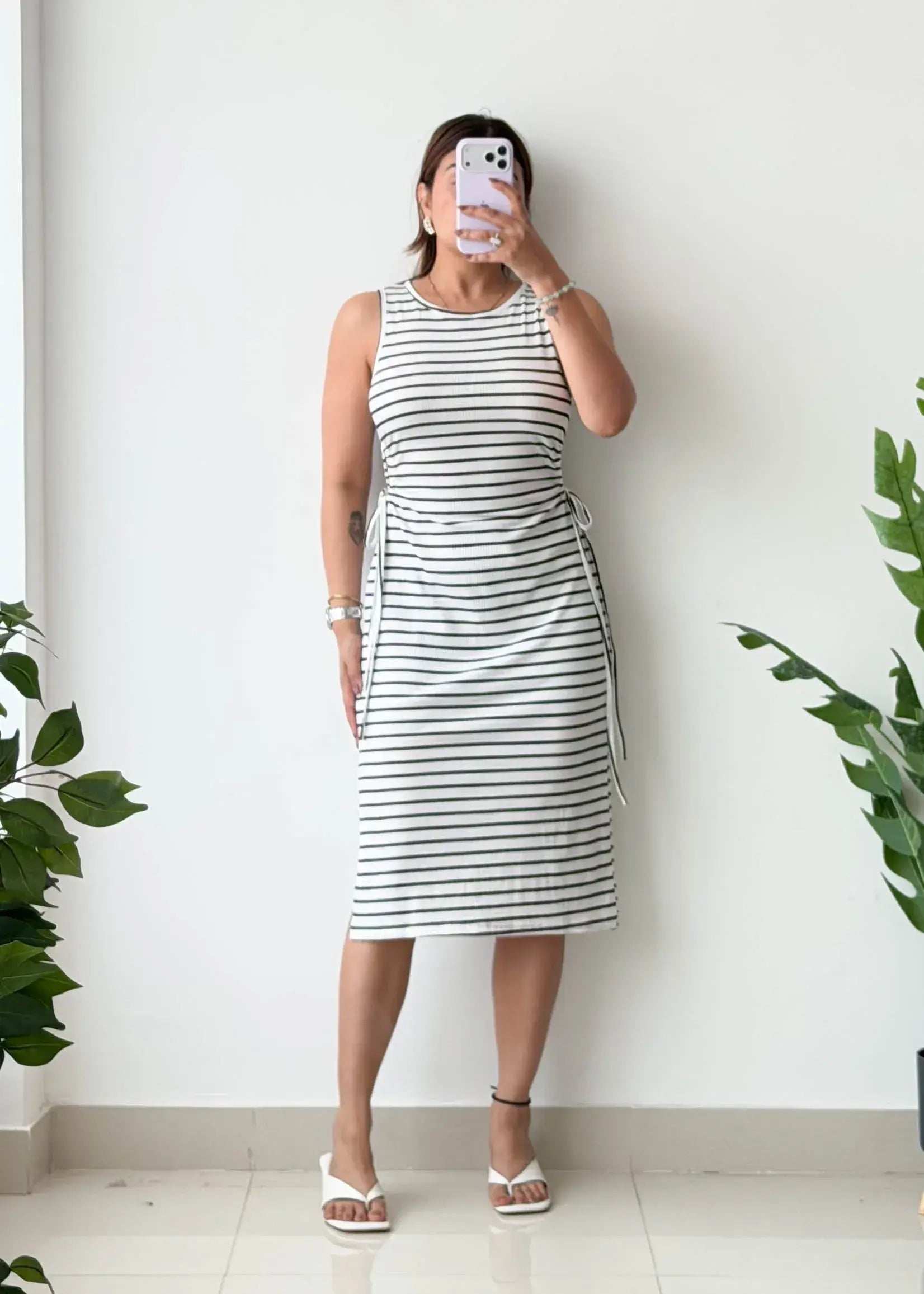Size M-L, White & black Stripe Side Tie Midi Dress - Closet by Payal