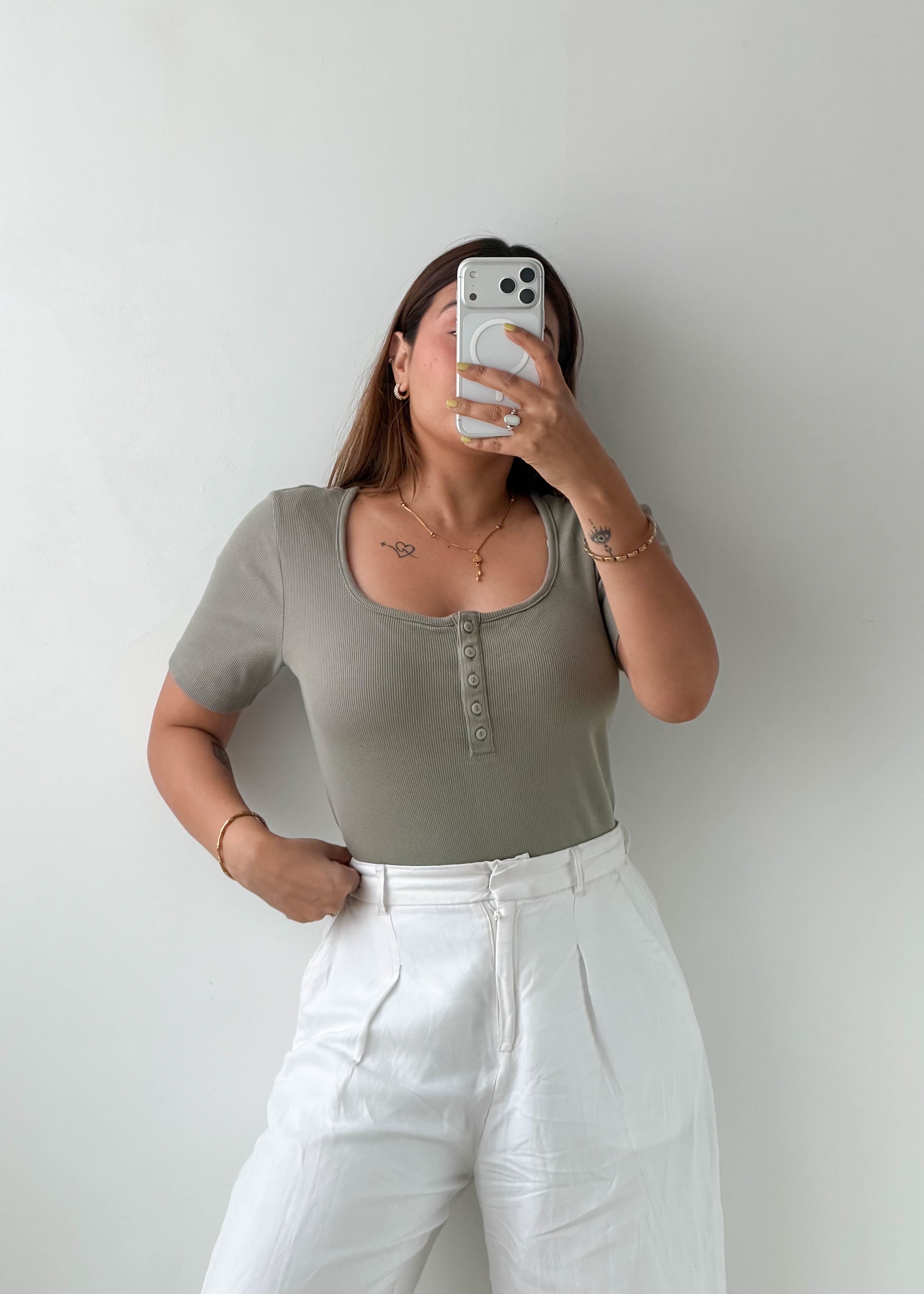 Size L Sage Henley Ribbed Bodysuit