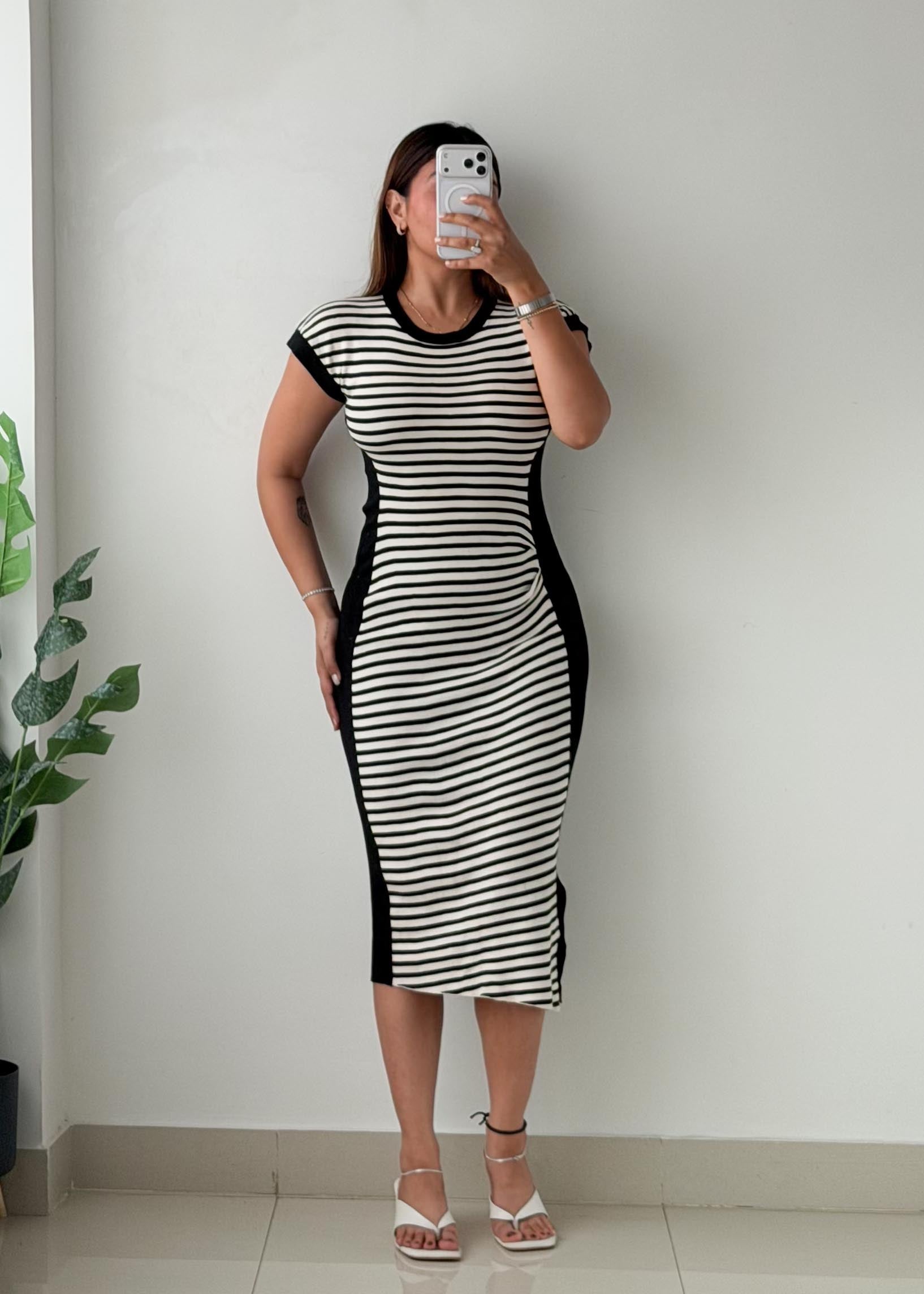 Size S-M Black & White Striped Knit Midi Dress