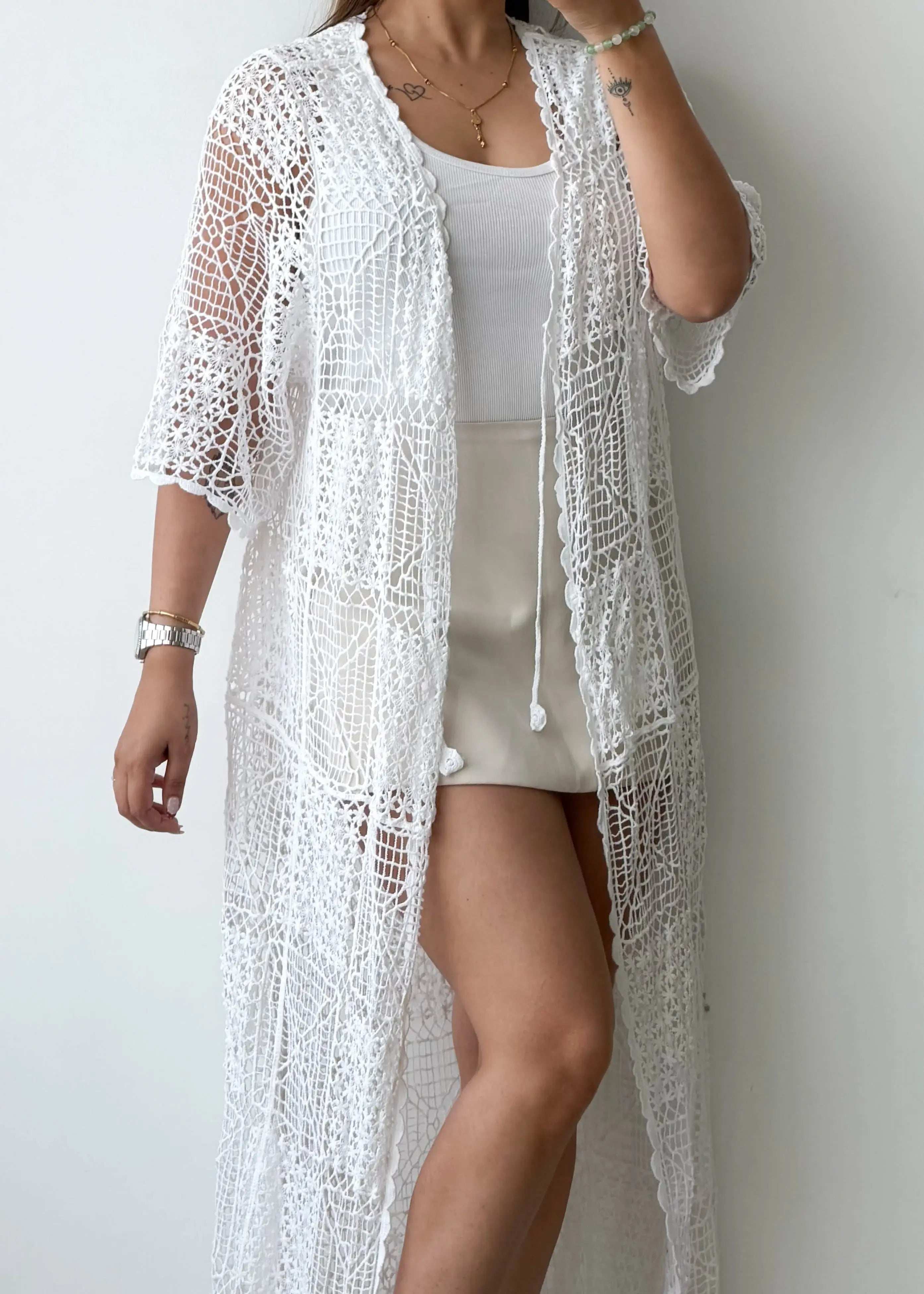 Size L-XL, White Crochet Cover-Up Dress
