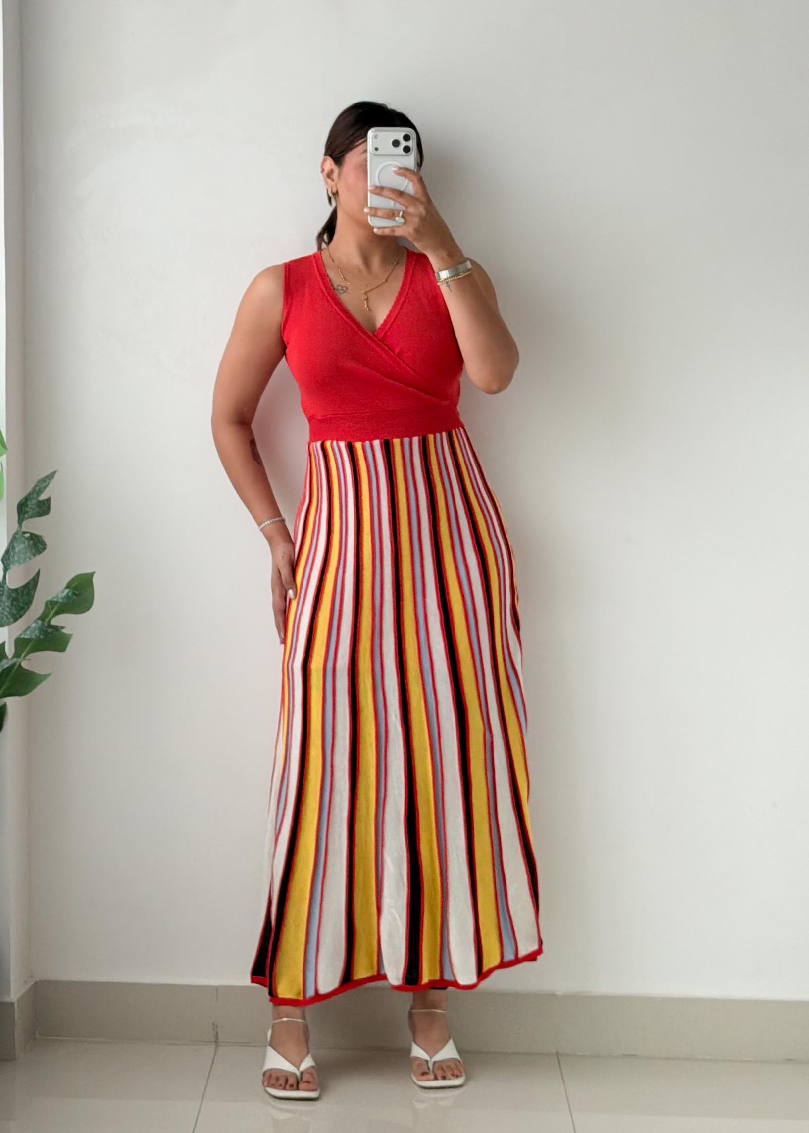 Size XS-S Red Multicolor Striped Knit Maxi Dress