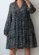 Size M-L Black Floral Flowy Mini Dress (V-Neck)