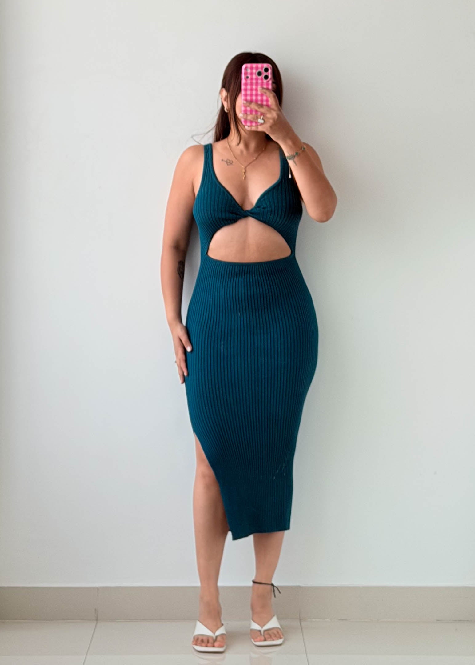 Size XS-S Teal Cut-Out Knit Midi Dress