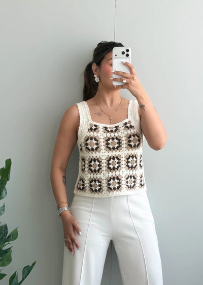 Size S-M, Cream Crochet Patchwork Tank Top - Closet by Payal
