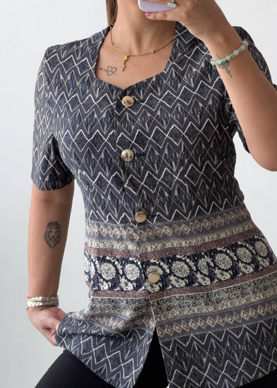 XS-S Grey Ethnic Print Cotton Voile Shirt Top