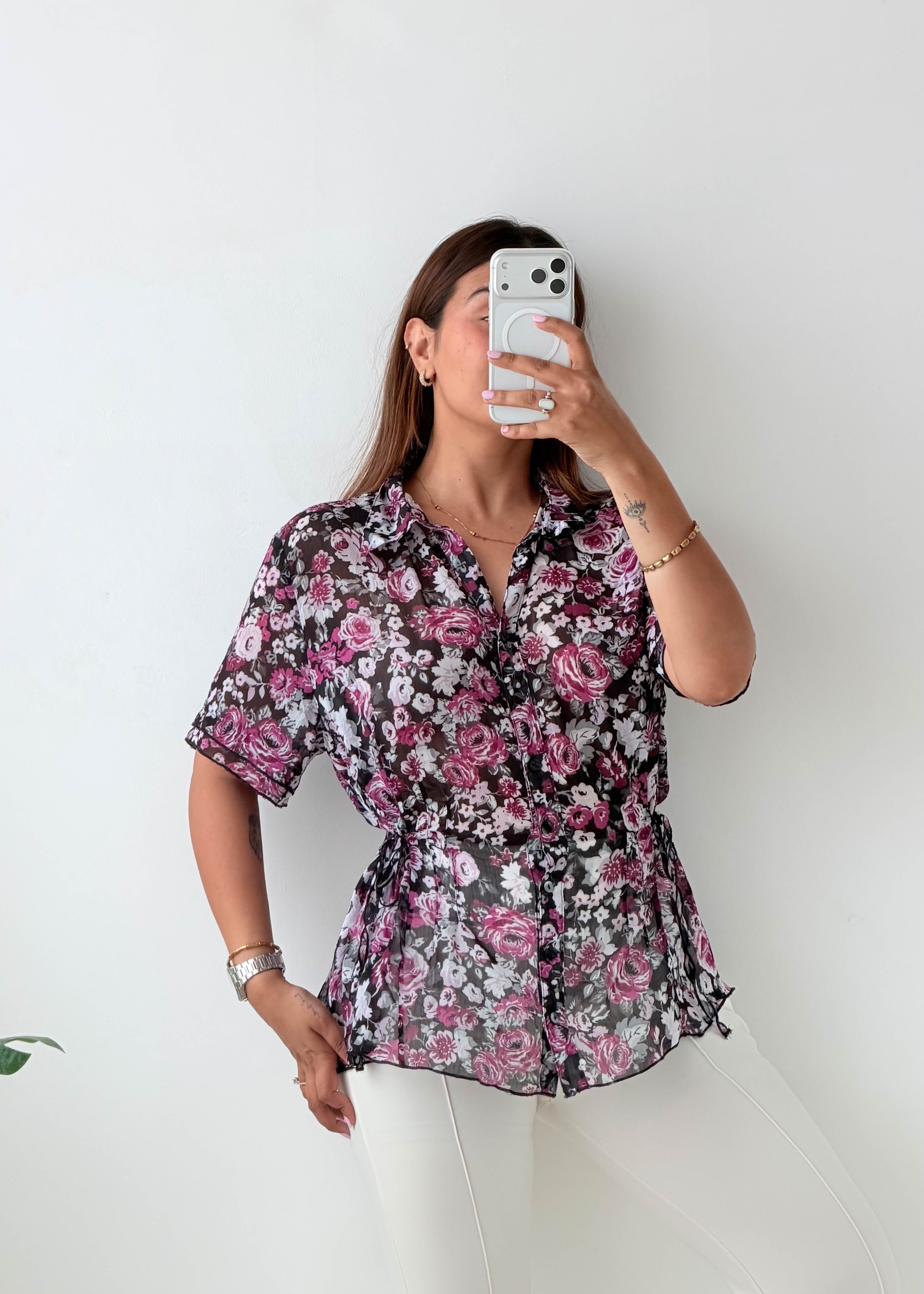 Size M-L Black Floral Peplum Shirt Top