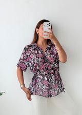 Size M-L Black Floral Peplum Shirt Top