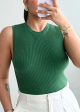 Size M-L, Green Ribbed High Neck Sleeveless Top - Closet by Payal