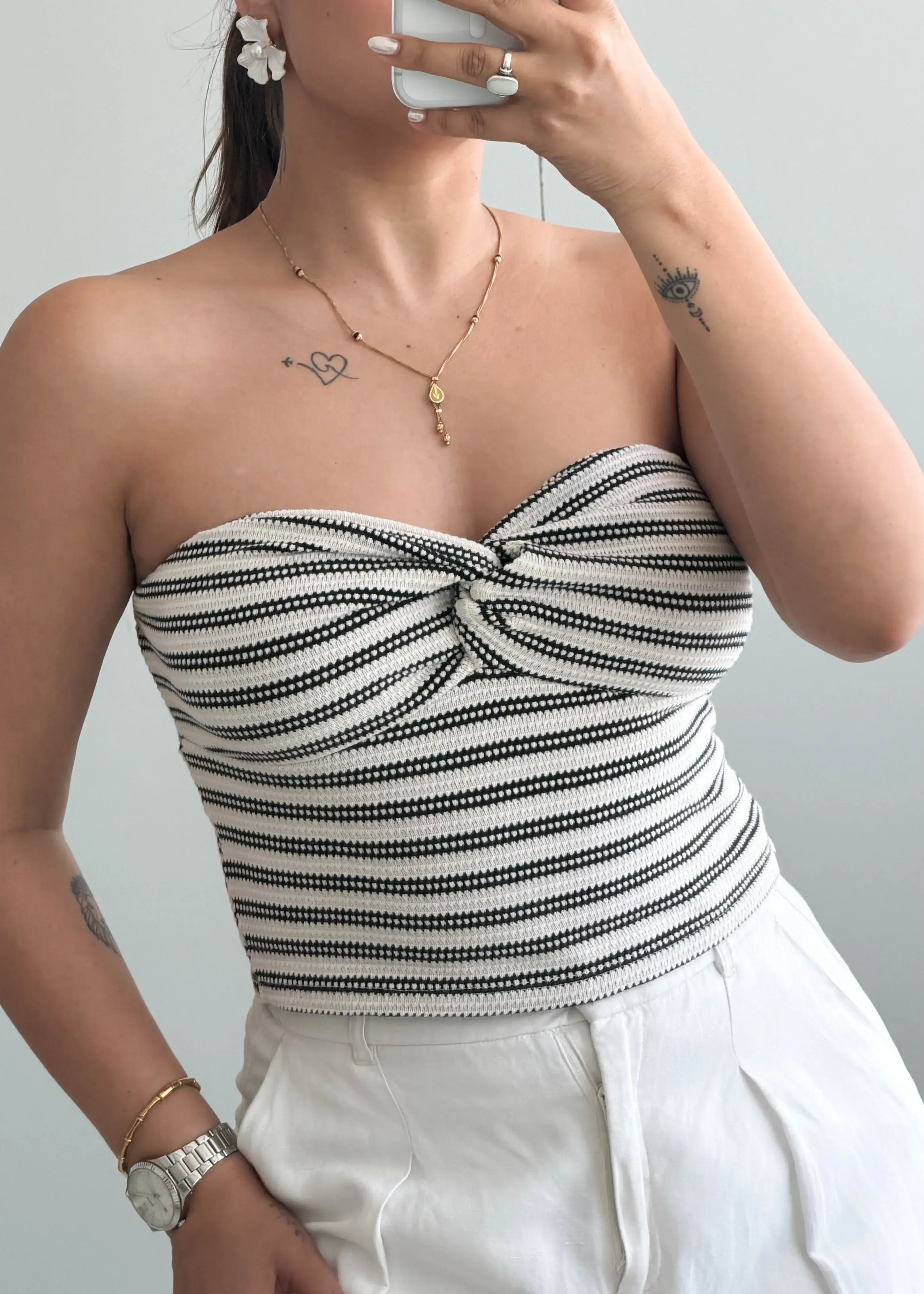 Size S-M, Black & White Stripe Strapless Crop Top - Closet by Payal