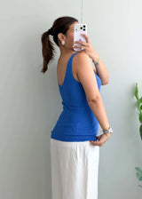 Size L-XL, Blue V-Neck Ribbed Tank Top - Closet by Payal