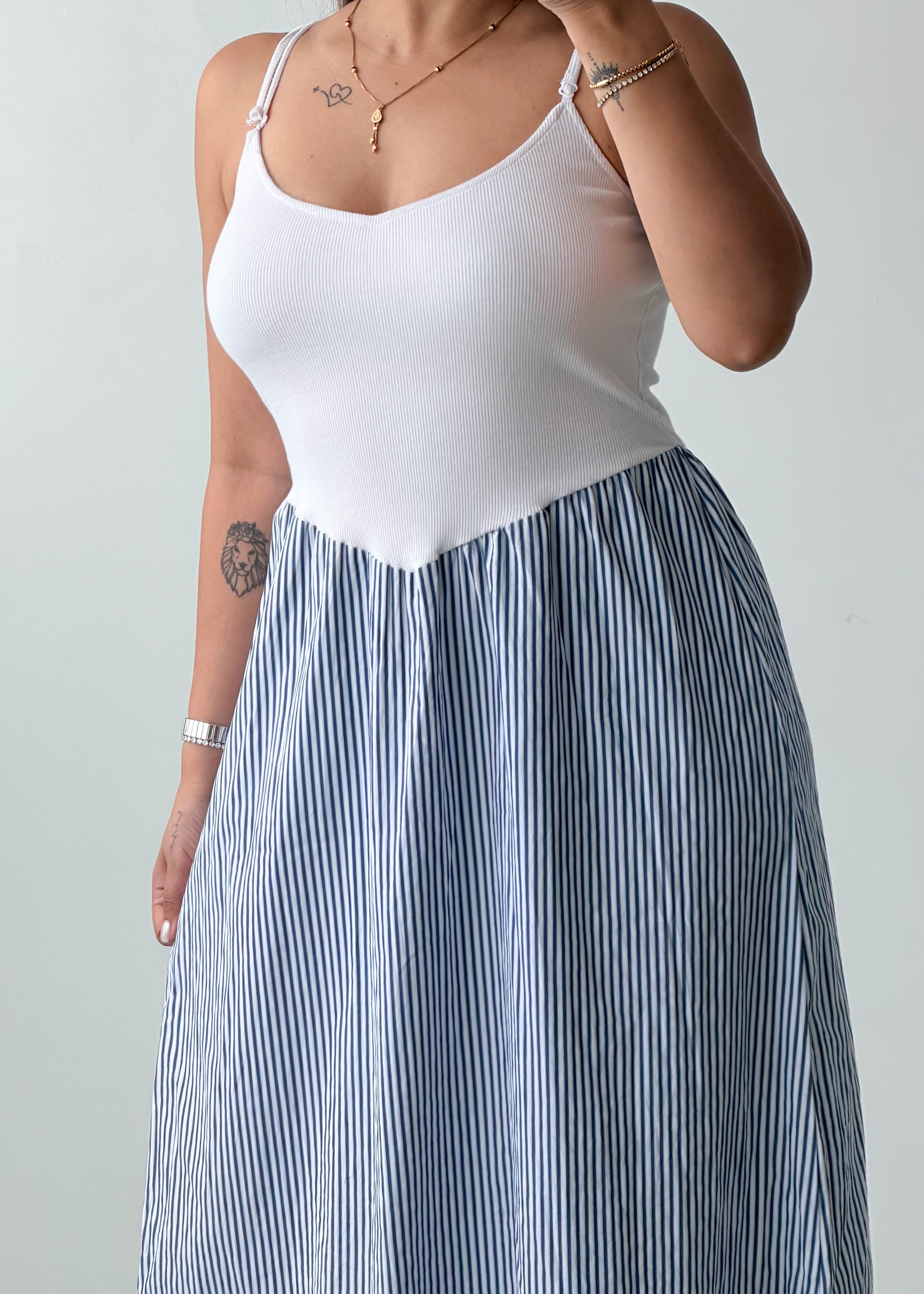 Size XS-S White Blue Striped Maxi Dress