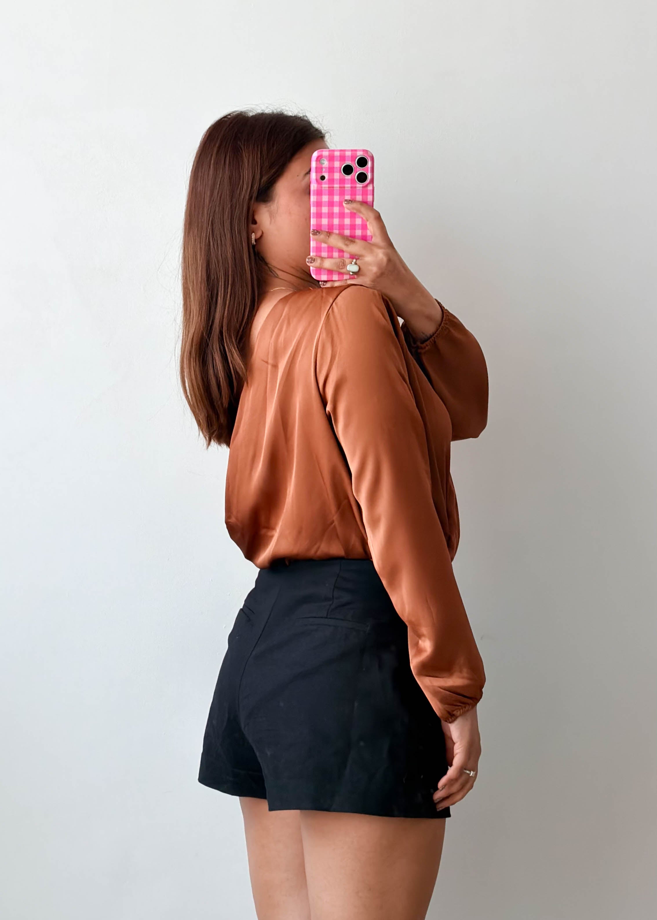 Size S-M Copper Satin Wrap Long Sleeve Bodysuit
