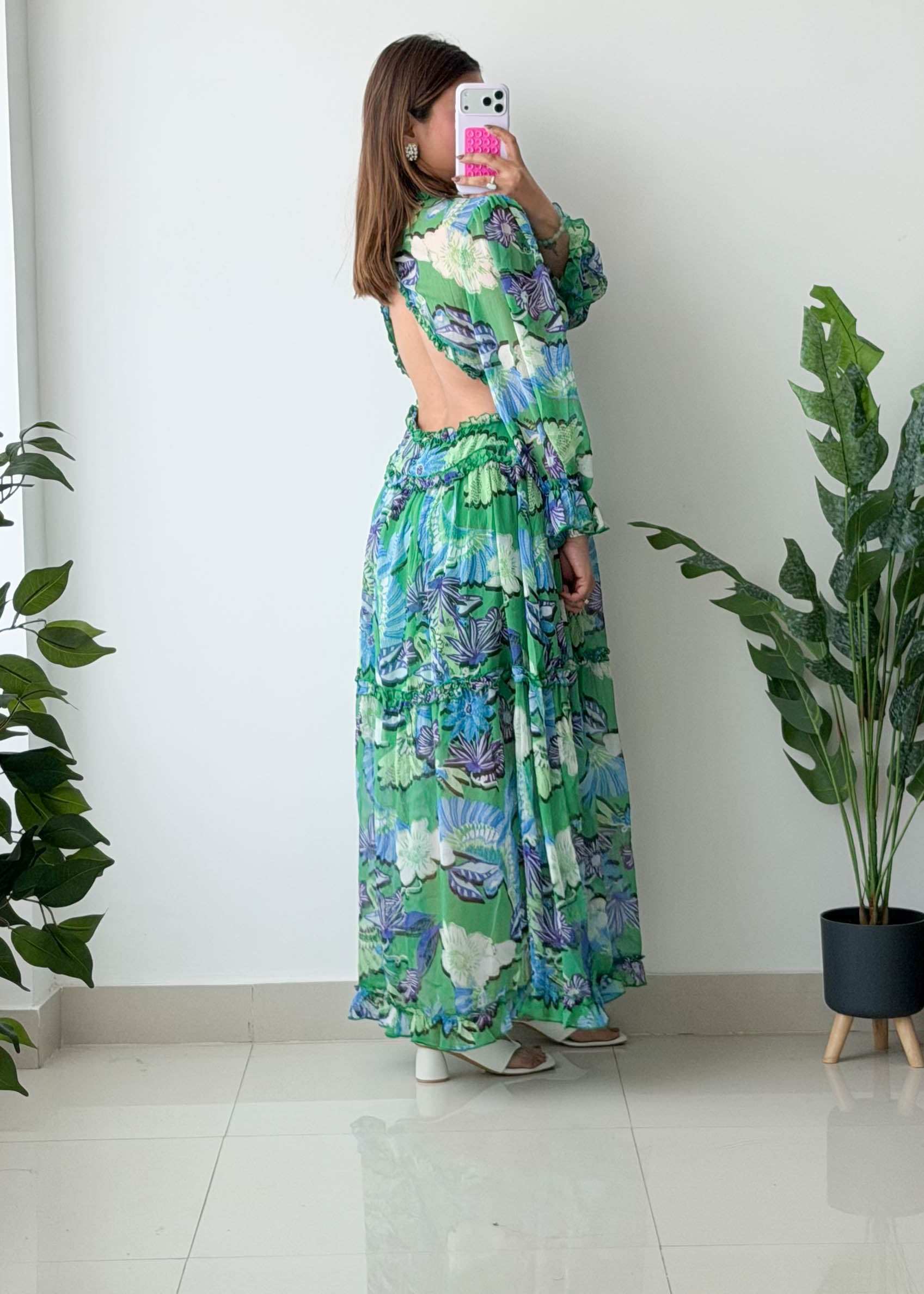 Size M-L, Green Floral Maxi Dress