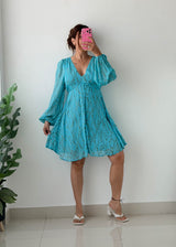 Size S-M Sky Blue Printed Babydoll Dress